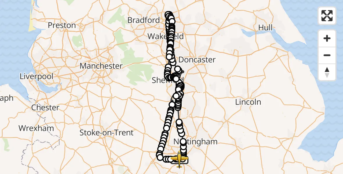 Flight path map showing Police Aircraft route from East Midlands Airport to East Midlands Airport