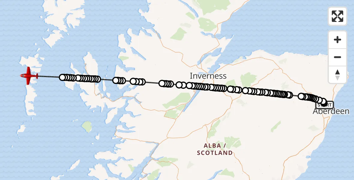 Flight path map showing Air Ambulance Aircraft route from Aberdeen International Airport to North Atlantic Ocean