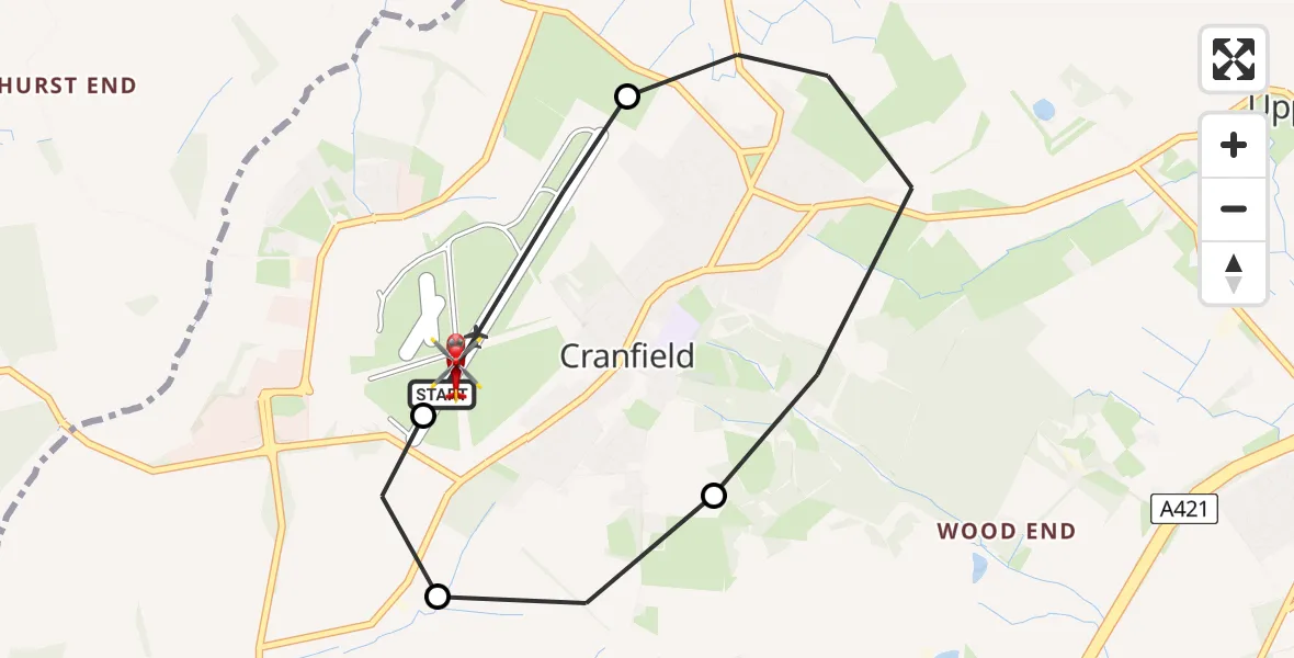 Flight path map showing Air Ambulance Helicopter route from Cranfield Airport to Cranfield Airport