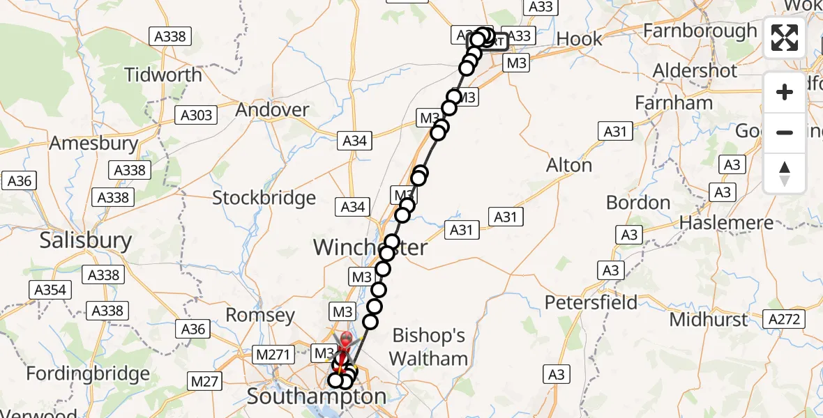 Flight path map showing Air Ambulance Helicopter route from North Hampshire Hospital to Southampton Airport