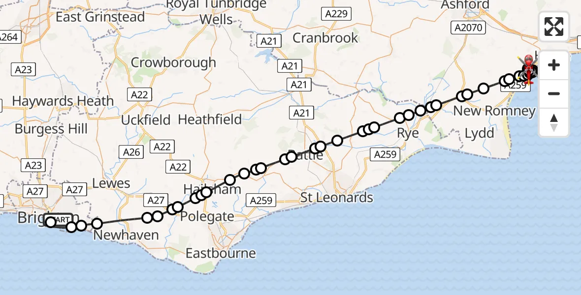 Flight path map showing Air Ambulance Helicopter route from Brighton to Dymchurch
