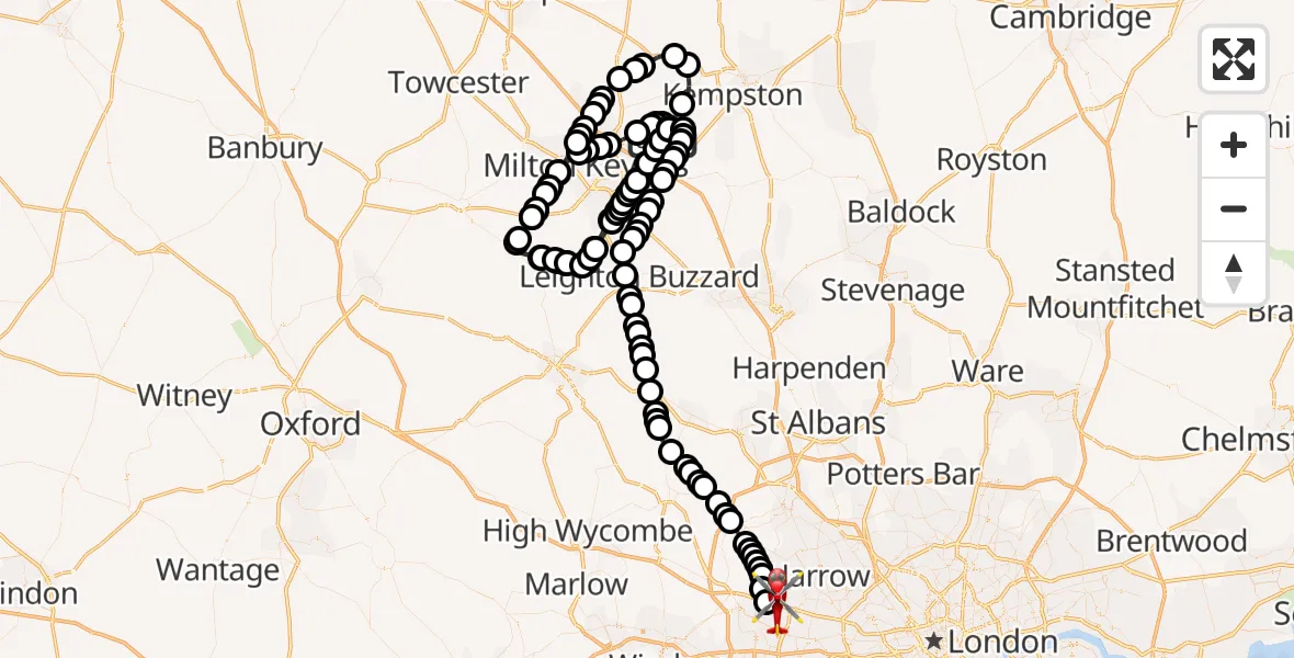 Flight path map showing Air Ambulance Helicopter route from Cranfield Airport to RAF Northolt