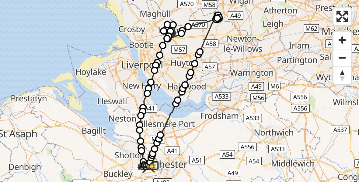 Flight path map showing Police Helicopter route from Hawarden Airport to Hawarden Airport