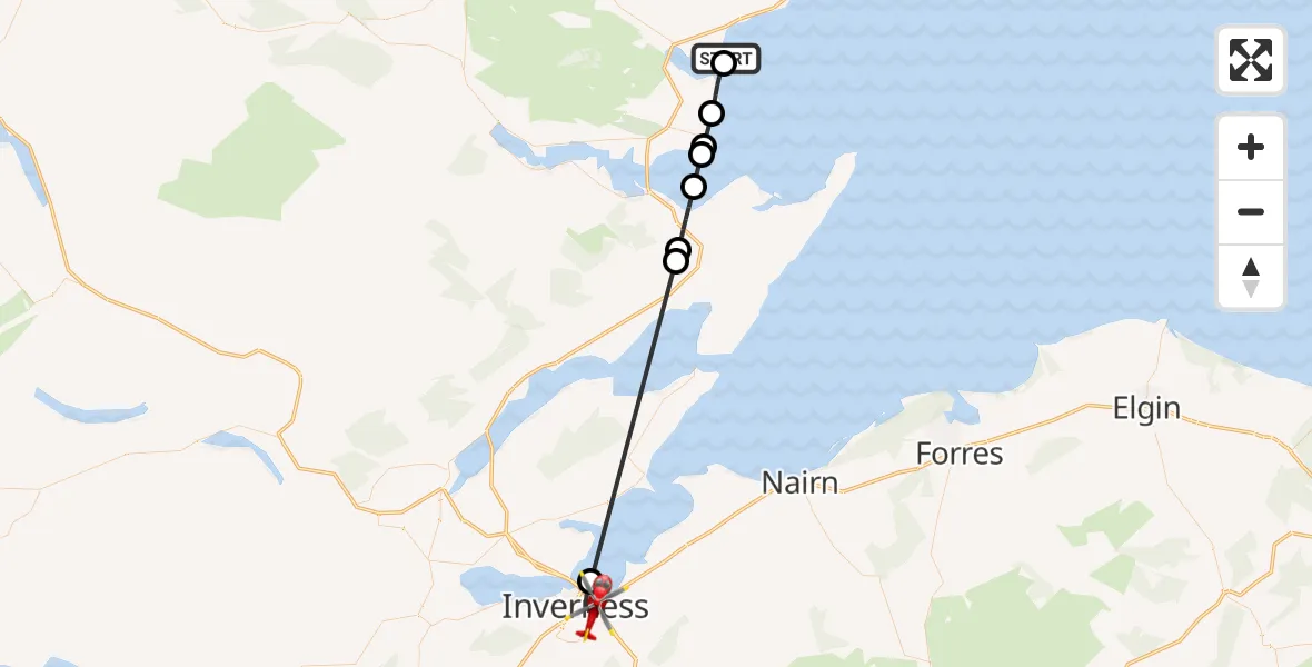 Flight path map showing Air Ambulance Helicopter route from North Sea to Inverness