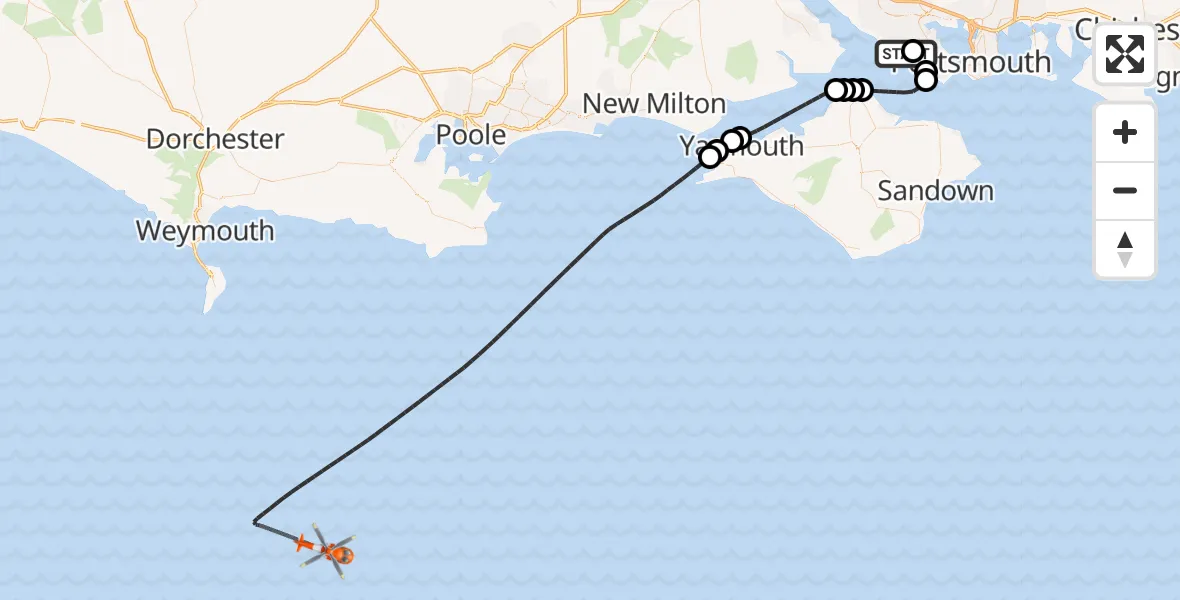Flight path map showing Coastguard Helicopter route from Solent Airport to English Channel