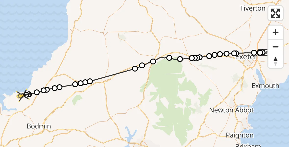 Flight path map showing Police Helicopter route from Exeter International Airport to St. Endellion