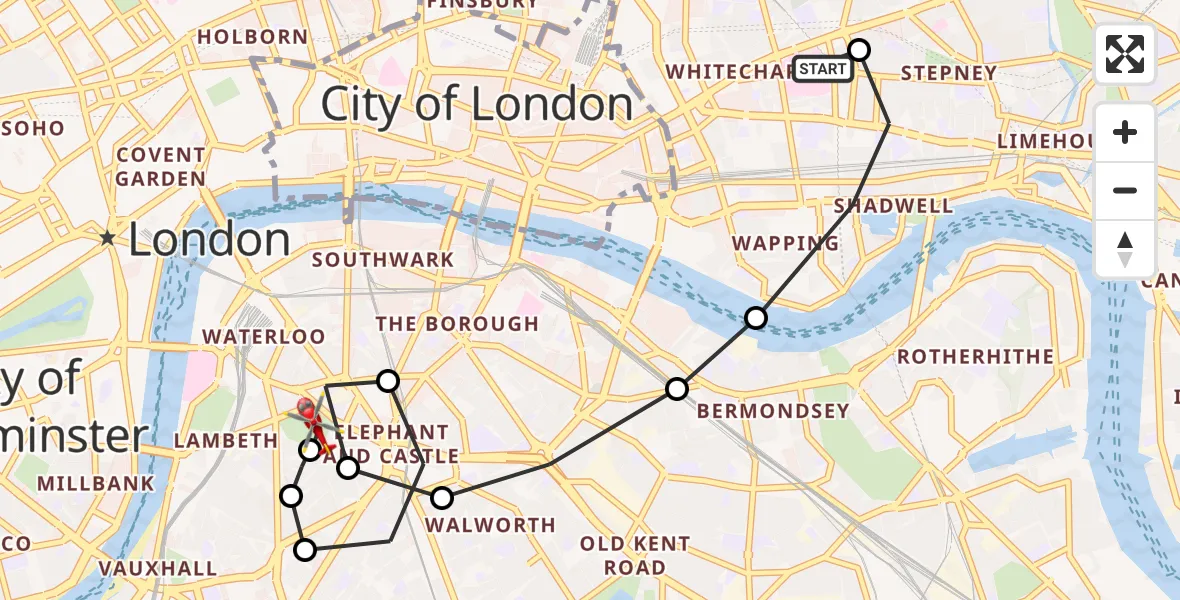 Flight path map showing Air Ambulance Helicopter route from Royal London Hospital to Elephant and Castle