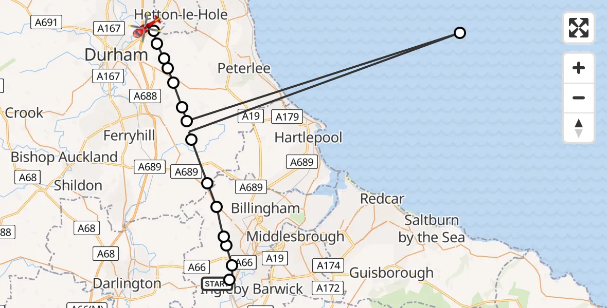 Flight path map showing Air Ambulance Helicopter route from Egglescliffe to Durham