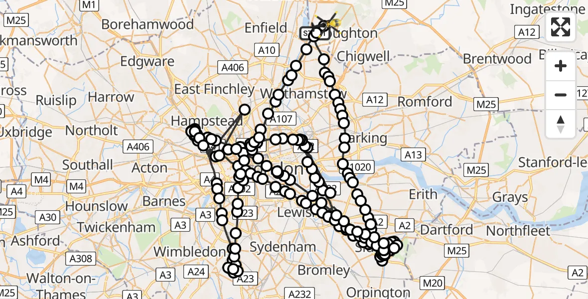 Flight path map showing Police Helicopter route from Chingford to Metropolitan Police Air Support Unit Lippitts Hill
