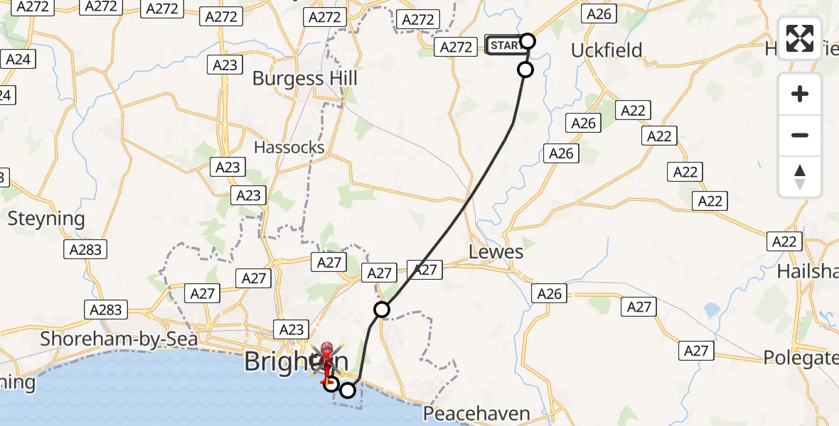 Flight path map showing Air Ambulance Helicopter route from Lewes to Brighton