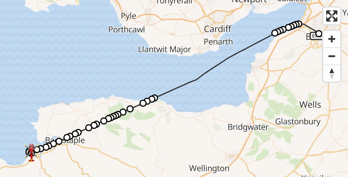 Flight path map showing Air Ambulance Helicopter route from Bristol Royal Infirmary to Lake Heliport Abbotsham