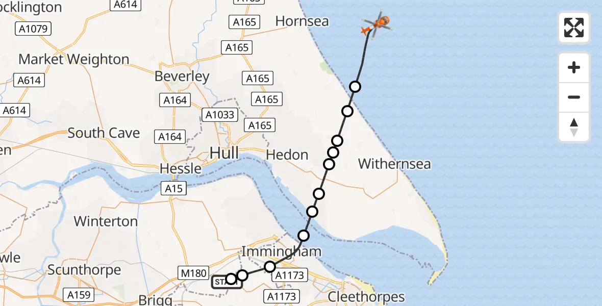 Flight path map showing Coastguard Helicopter route from Humberside Airport to North Sea