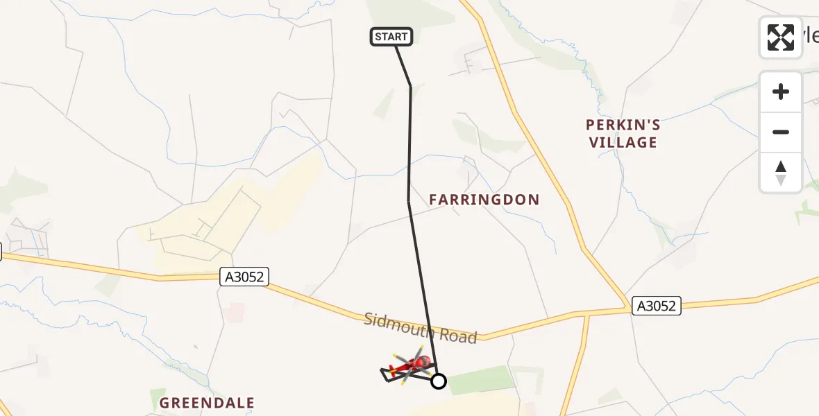 Flight path map showing Air Ambulance Helicopter route from East Devon to Woodbury Salterton