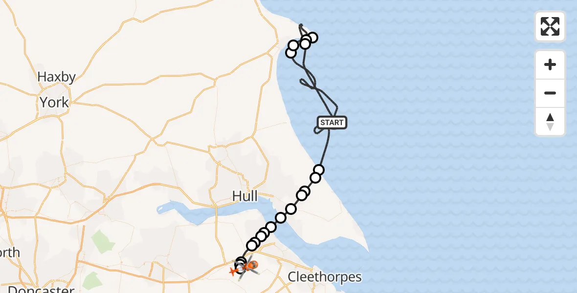 Flight path map showing Coastguard Helicopter route from North Sea to Humberside Airport
