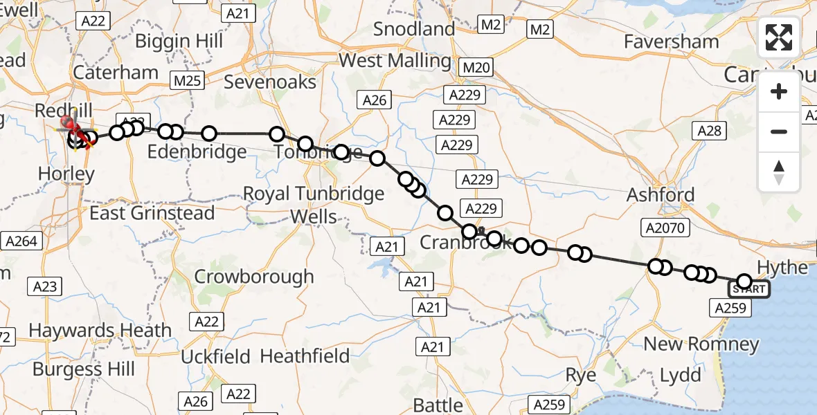 Flight path map showing Air Ambulance Helicopter route from Dymchurch to Redhill Aerodrome