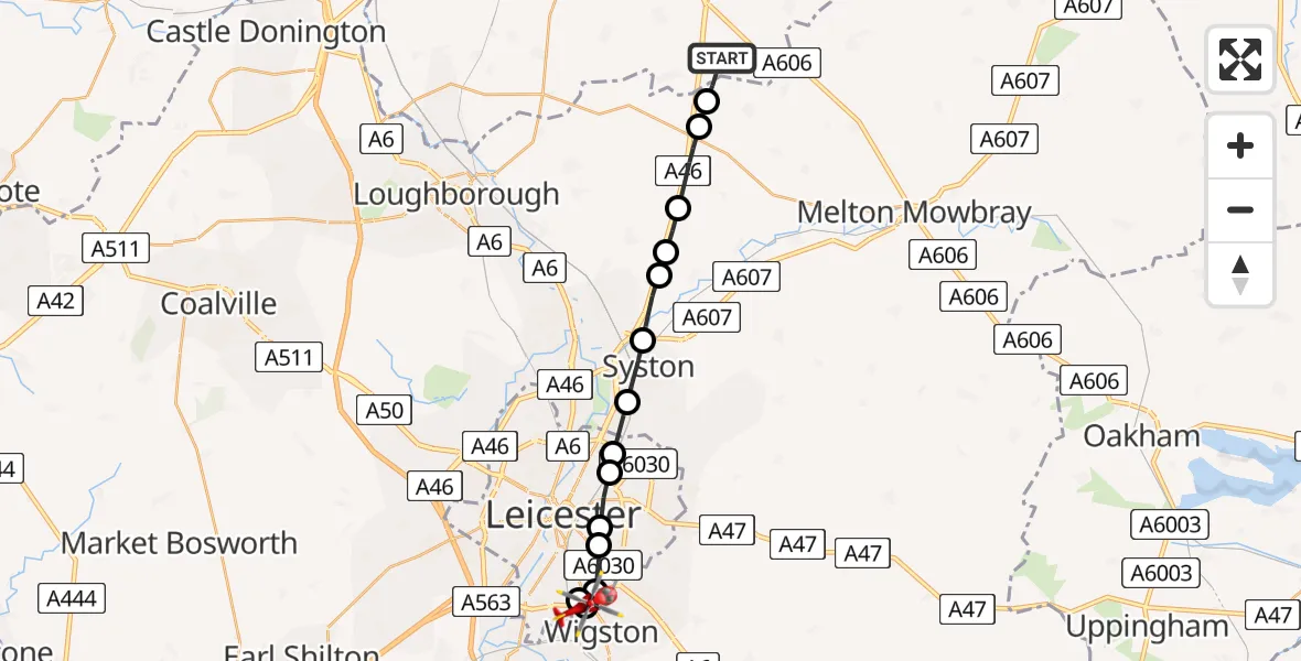 Flight path map showing Air Ambulance Helicopter route from Rushcliffe to Knighton