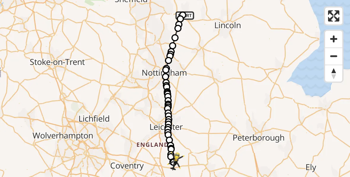 Flight path map showing Police Helicopter route from Eaton to Harborough