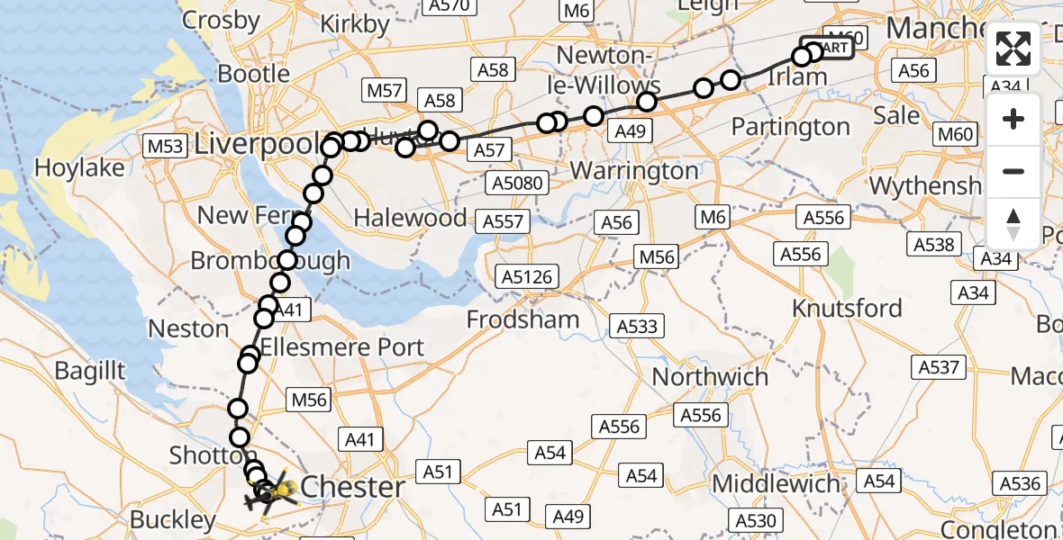 Flight path map showing Police Helicopter route from Manchester Barton Aerodrome to Hawarden Airport