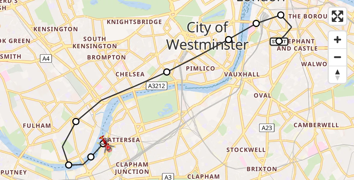 Flight path map showing Air Ambulance Helicopter route from Elephant and Castle to London Heliport