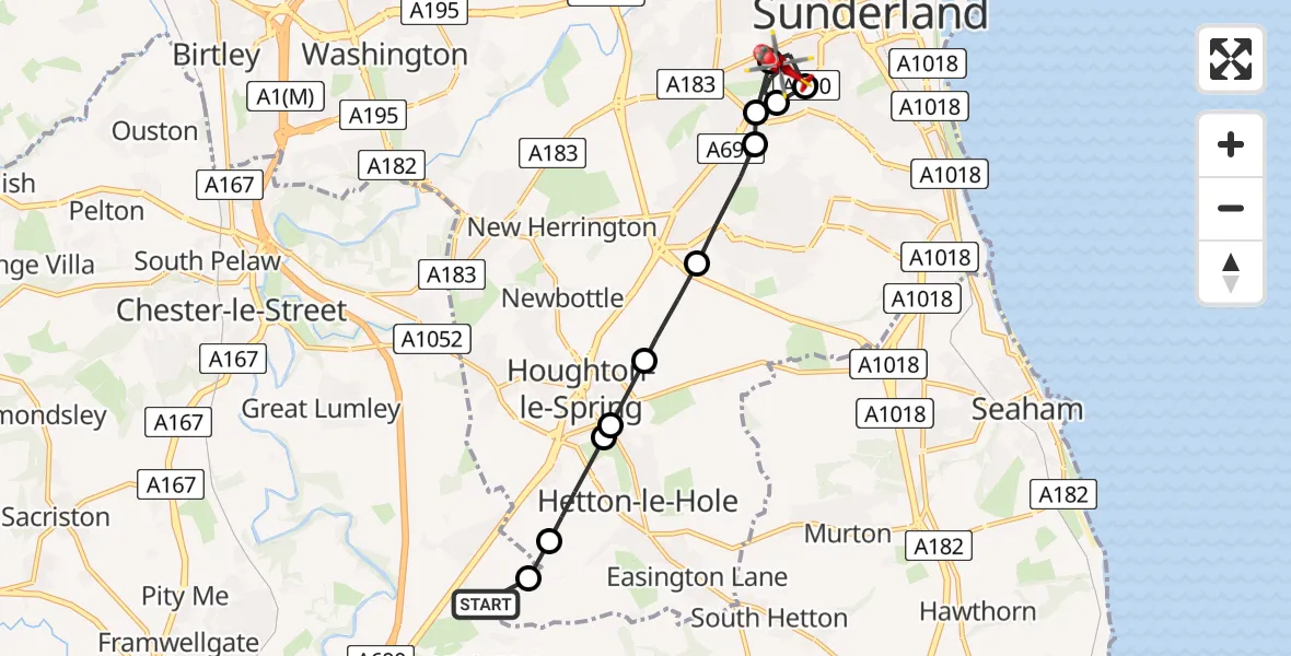 Flight path map showing Air Ambulance Helicopter route from Pittington to High Barnes