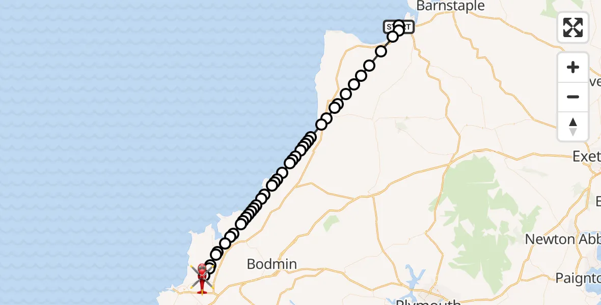 Flight path map showing Air Ambulance Helicopter route from Lake Heliport Abbotsham to Cornwall Airport Newquay