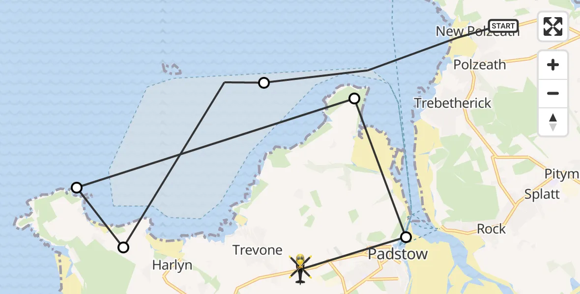Flight path map showing Police Helicopter route from New Polzeath to Padstow