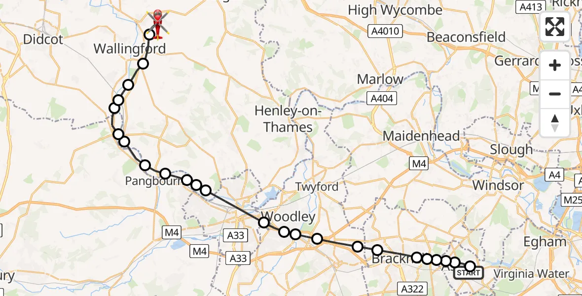Flight path map showing Air Ambulance Helicopter route from Sunninghill to RAF Benson