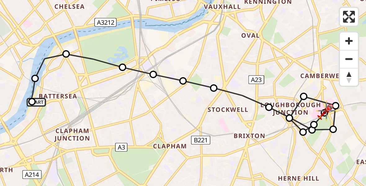 Flight path map showing Air Ambulance Helicopter route from London Heliport to Kings College London Hospital