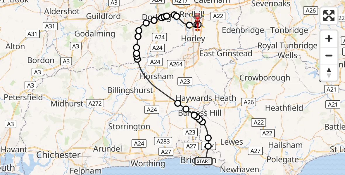 Flight path map showing Air Ambulance Helicopter route from Brighton to Redhill Aerodrome
