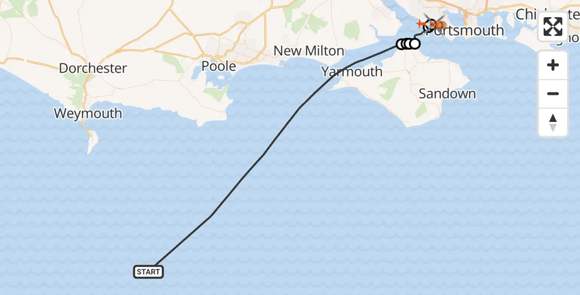 Flight path map showing Coastguard Helicopter route from English Channel to Solent Airport