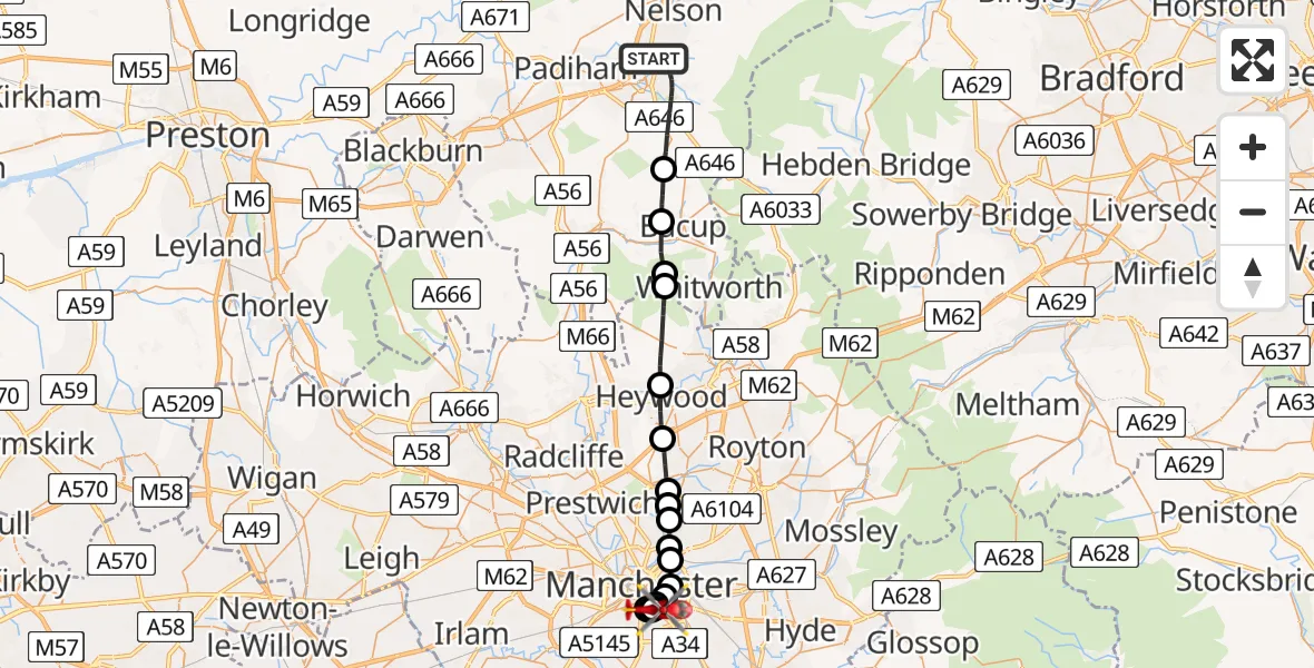 Flight path map showing Air Ambulance Helicopter route from Burnley to Chorlton-on-Medlock