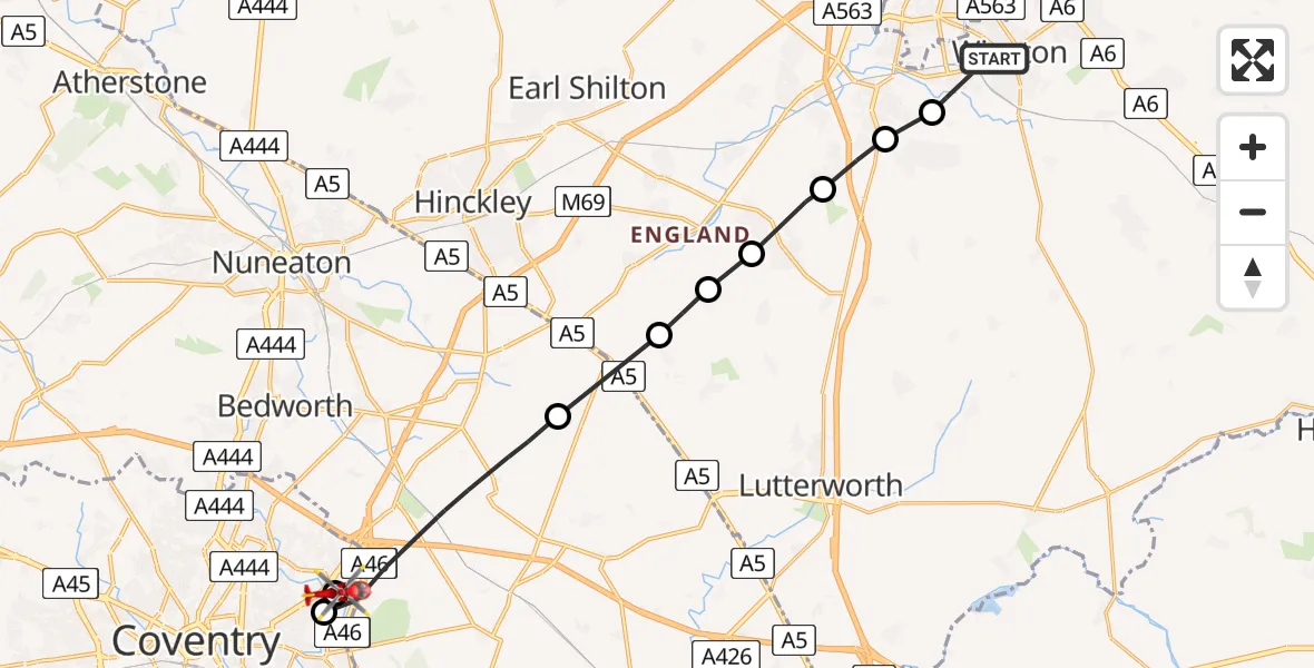 Flight path map showing Air Ambulance Helicopter route from Wigston to Rugby