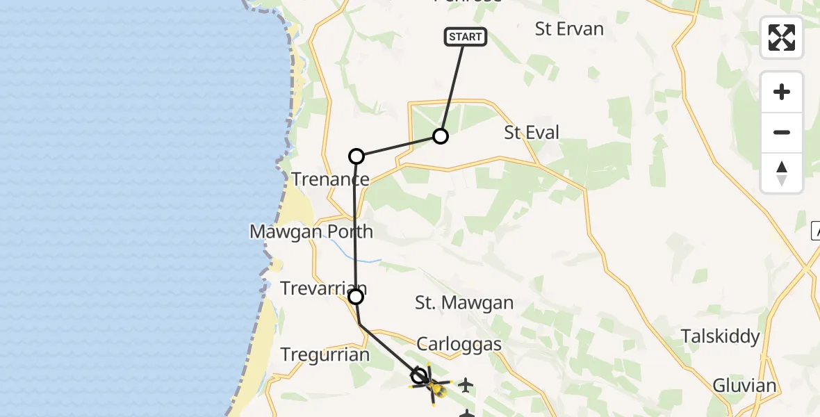 Flight path map showing Police Helicopter route from St. Eval to Cornwall Airport Newquay