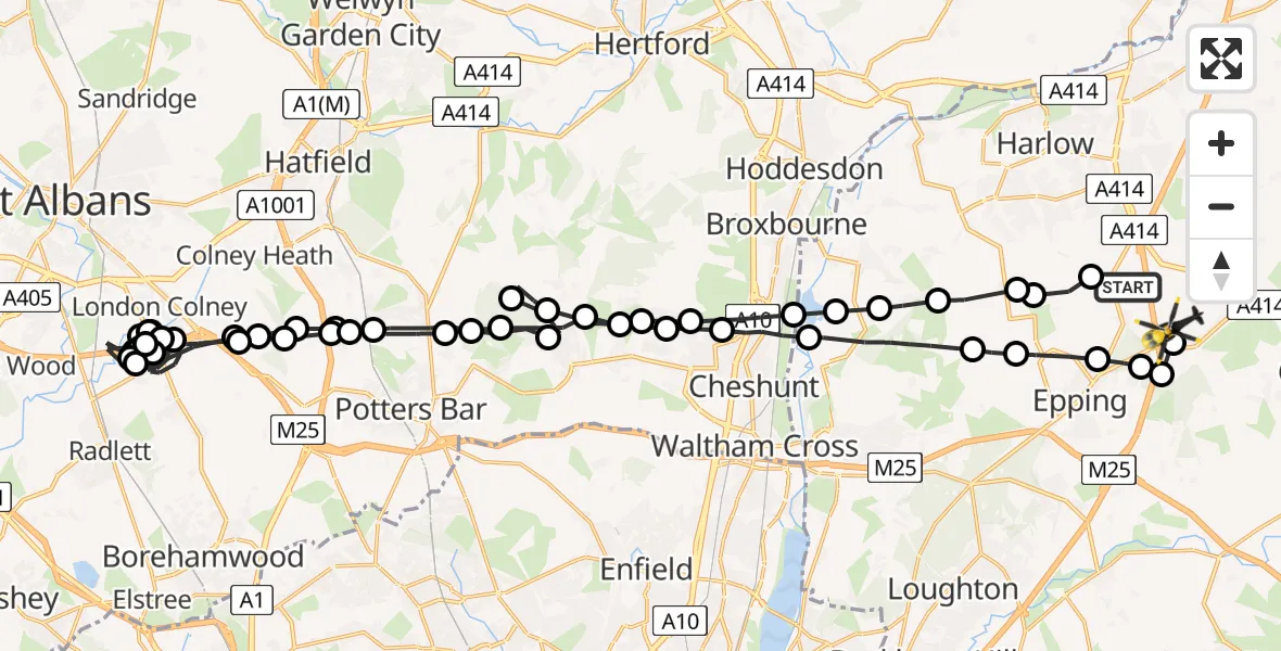 Flight path map showing Police Helicopter route from North Weald Bassett to North Weald Airfield