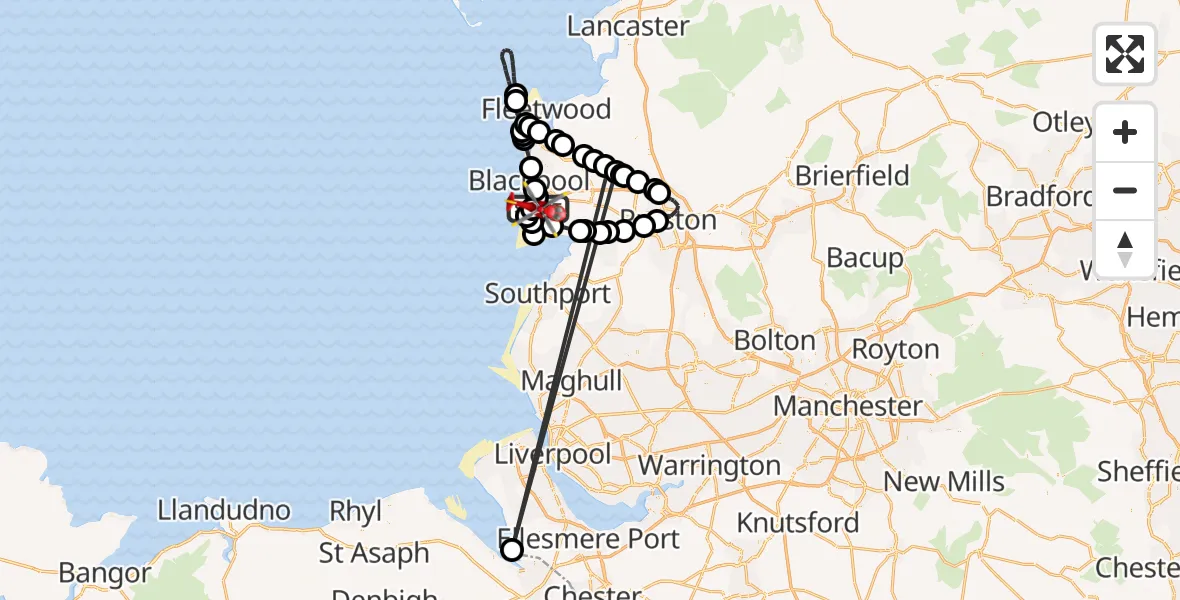Flight path map showing Air Ambulance Helicopter route from Blackpool Airport to Blackpool Airport