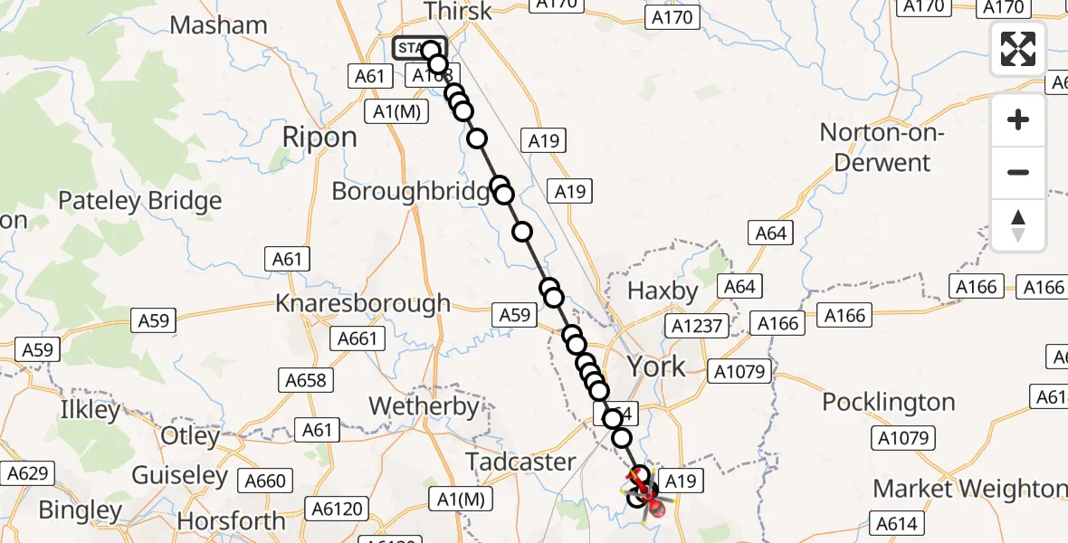Flight path map showing Air Ambulance Helicopter route from RAF Topcliffe to Escrick