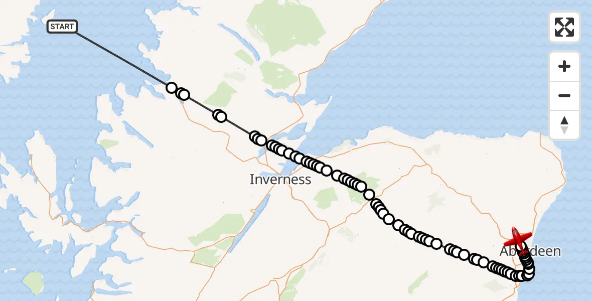 Flight path map showing Air Ambulance Aircraft route from Inner Seas to Aberdeen International Airport