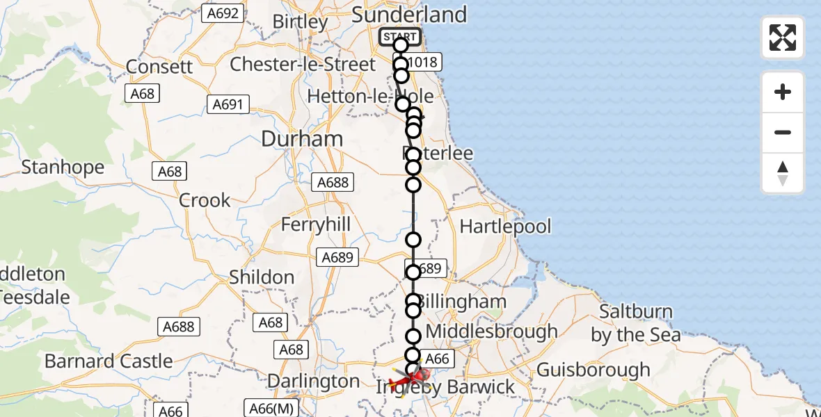 Flight path map showing Air Ambulance Helicopter route from Elstob Farm Estate to Egglescliffe