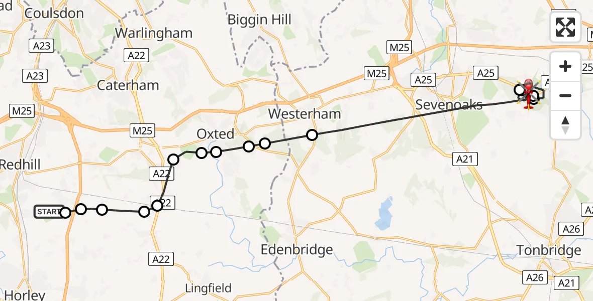 Flight path map showing Air Ambulance Helicopter route from Redhill Aerodrome to Sevenoaks