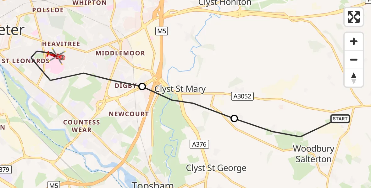 Flight path map showing Air Ambulance Helicopter route from Woodbury Salterton to Royal Devon & Exeter Hospital