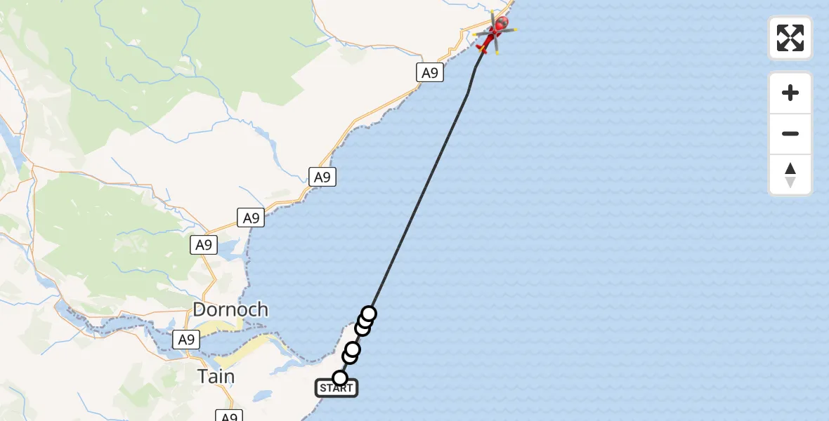 Flight path map showing Air Ambulance Helicopter route from North Sea to North Sea