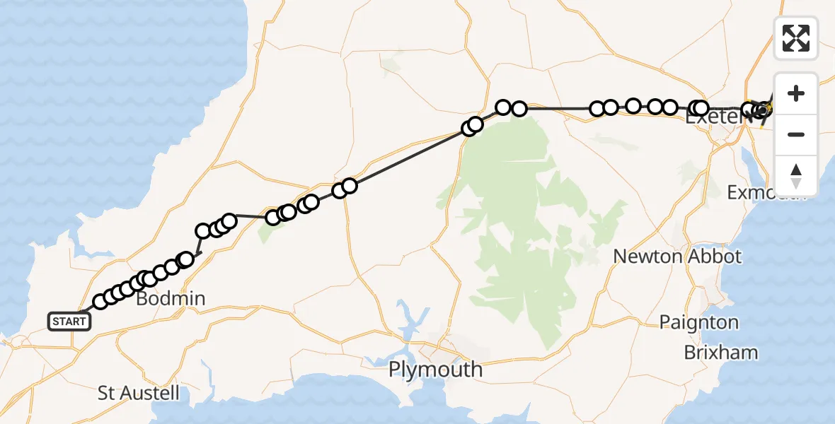 Flight path map showing Police Helicopter route from St. Columb Major to Exeter International Airport