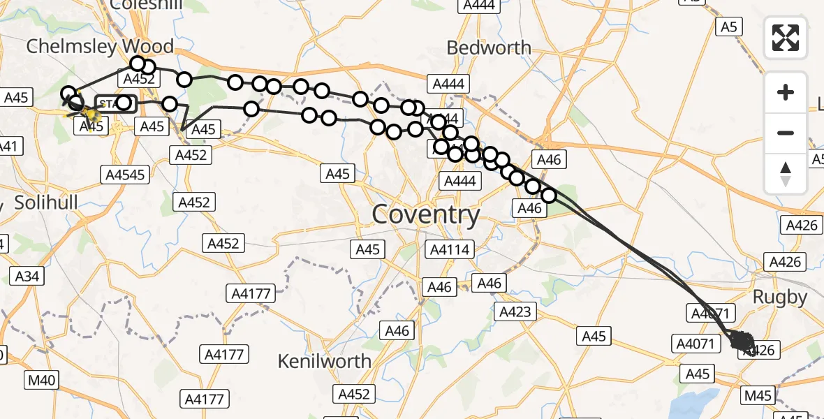 Flight path map showing Police Helicopter route from Birmingham Airport to Birmingham Airport