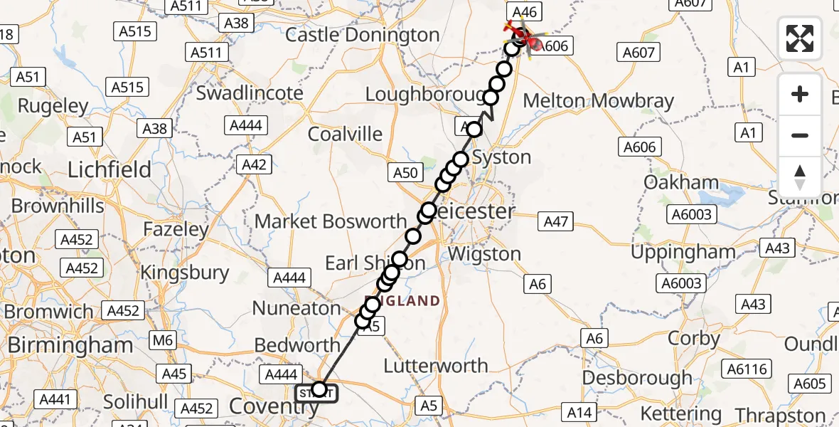 Flight path map showing Air Ambulance Helicopter route from Rugby to Nottingham Heliport