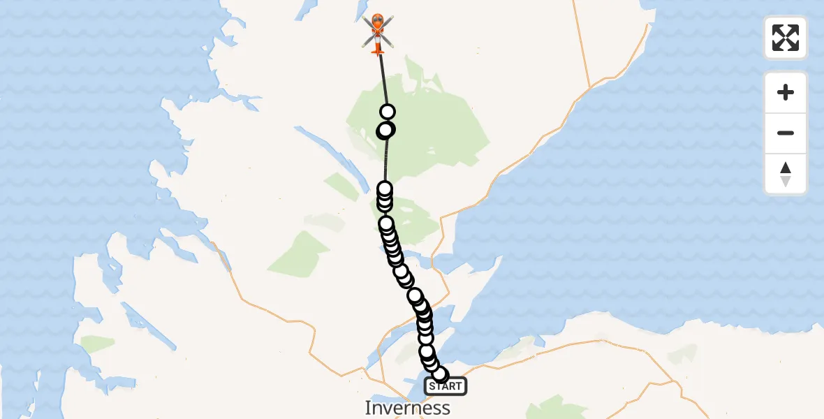 Flight path map showing Coastguard Helicopter route from Inverness Airport to Loch Loyal