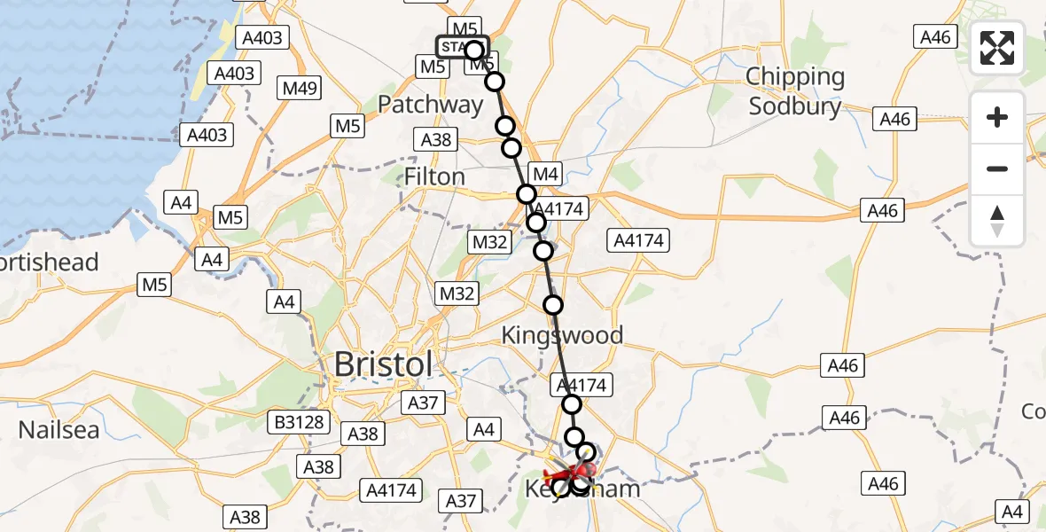 Flight path map showing Air Ambulance Helicopter route from Almondsbury Helicopter Base to Bristol
