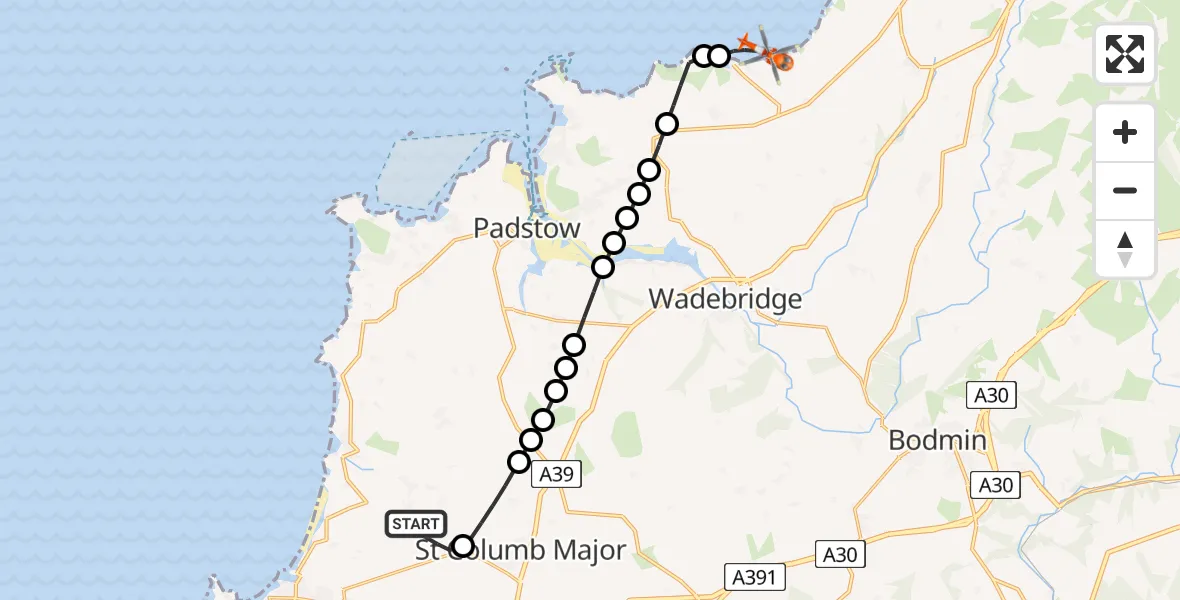 Flight path map showing Coastguard Helicopter route from Cornwall Airport Newquay to Port Isaac