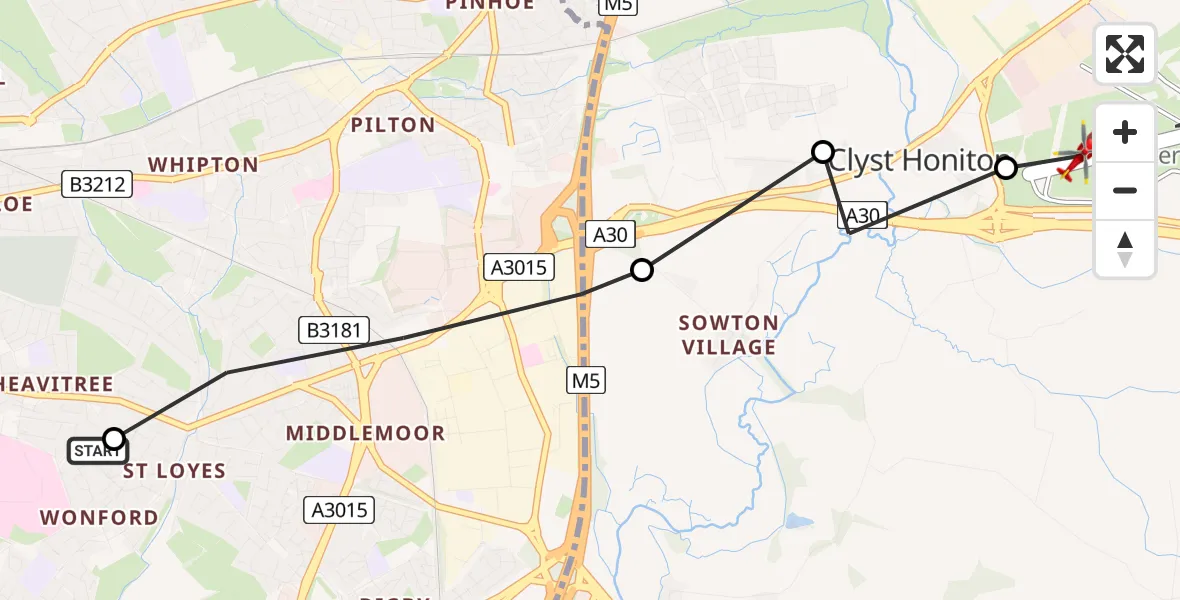 Flight path map showing Air Ambulance Helicopter route from Royal Devon & Exeter Hospital to Exeter International Airport