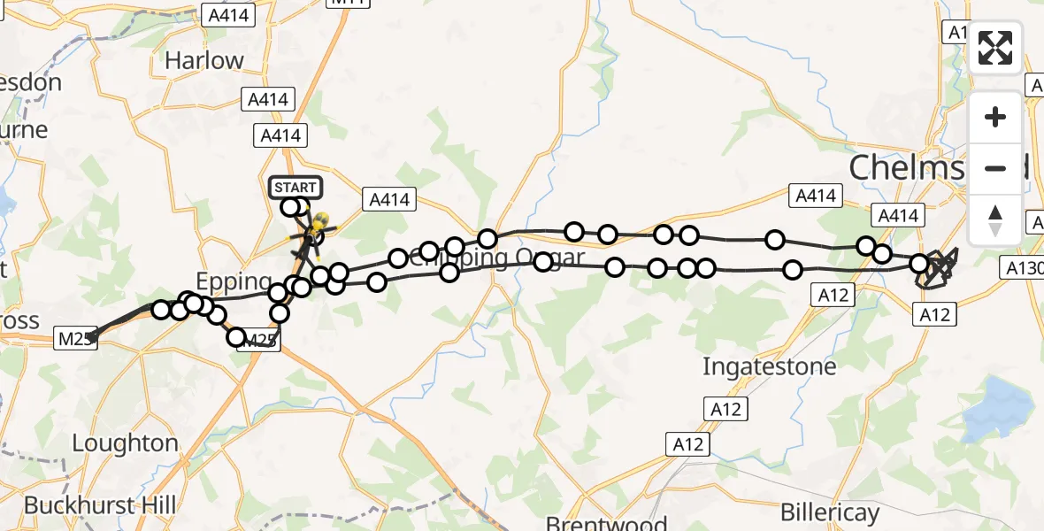 Flight path map showing Police Helicopter route from North Weald Bassett to Coopersale