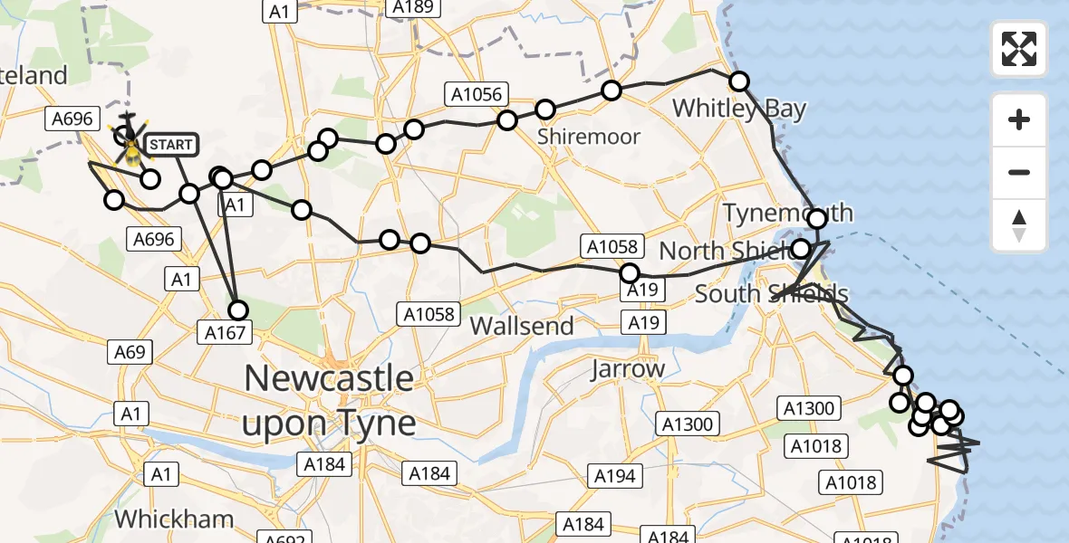 Flight path map showing Police Helicopter route from Newcastle International Airport to Newcastle International Airport